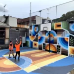 Two people playing basketball on a court with vibrant murals showcasing colorful artwork.